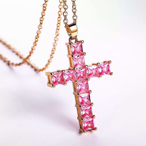 Miss Glam Co. Jewelry - Pink & Gold Rhinestone Cross Necklace